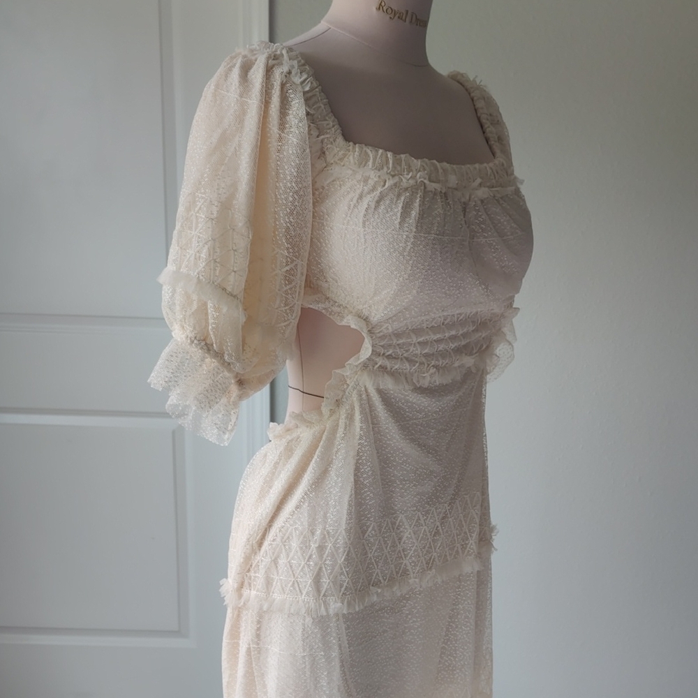 Ivory Cutout Maxi Dress with Puff Sleeves
